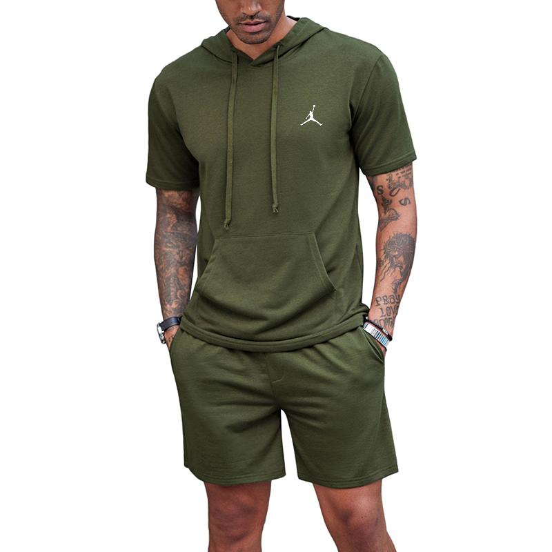 Men's Sportswear 2 Piece Set Hooded Sportswear Short Sleeve Casual Sports Hoodie Shorts Set