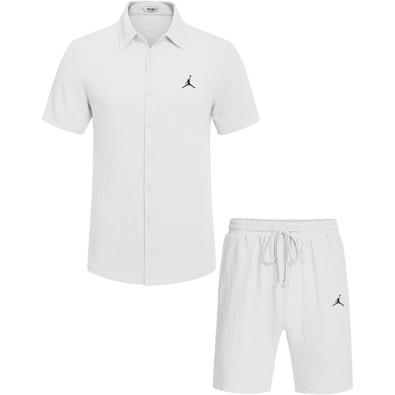 Men's 2 piece summer beach wear short sleeve button down textured shirt and shorts