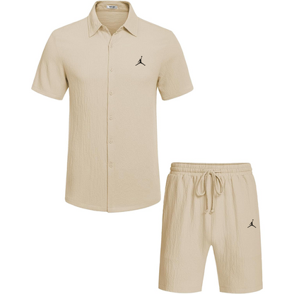 Men's 2 piece summer beach wear short sleeve button down textured shirt and shorts