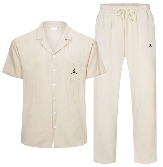 Linen Shirt Pants Set: Men's Linen Suit 2 Piece Short Sleeve Shirt Yoga Pants Beach Wedding Suit