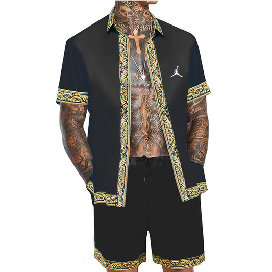 Men's Hawaiian 2-Piece Luxury Printed Casual Button-Down Short Sleeve Satin Shirt Set